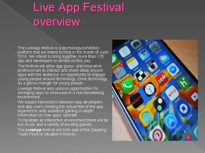 Live App Festival overview • • • The Live. App festival is a technology