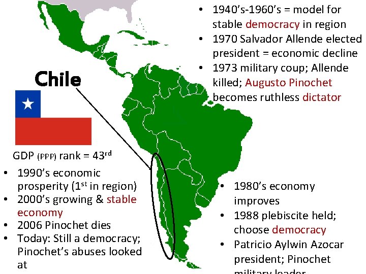 Chile • • GDP (PPP) rank = 43 rd 1990’s economic prosperity (1 st