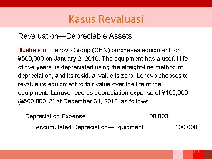 Kasus Revaluasi Revaluation—Depreciable Assets Illustration: Lenovo Group (CHN) purchases equipment for ¥ 500, 000