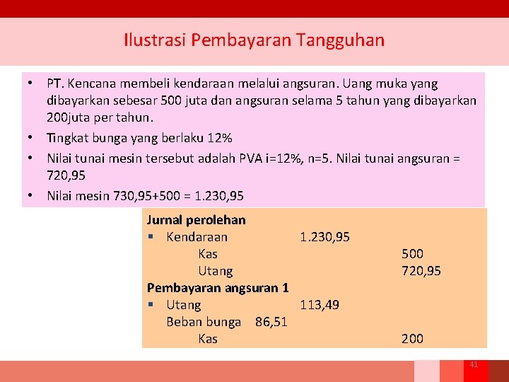 Ilustrasi Pembayaran Tangguhan • PT. Kencana membeli kendaraan melalui angsuran. Uang muka yang dibayarkan