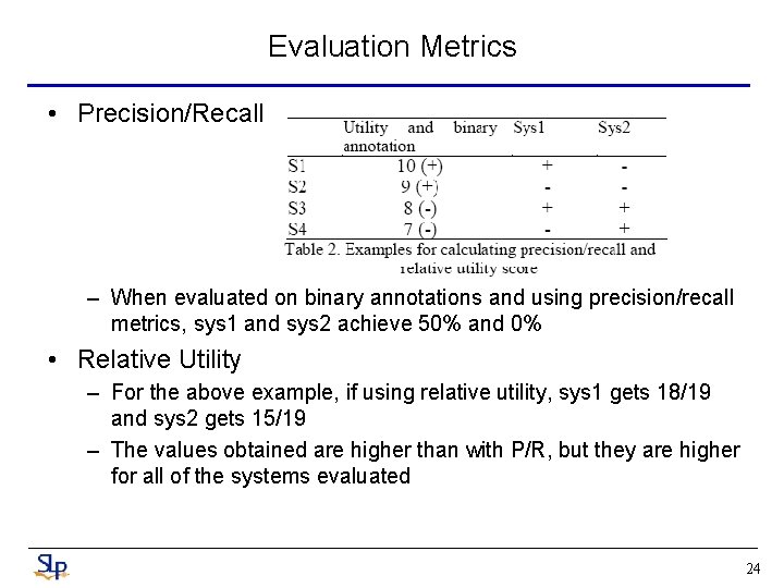 Evaluation Metrics • Precision/Recall – When evaluated on binary annotations and using precision/recall metrics, Evaluation Metrics • Precision/Recall – When evaluated on binary annotations and using precision/recall metrics,
