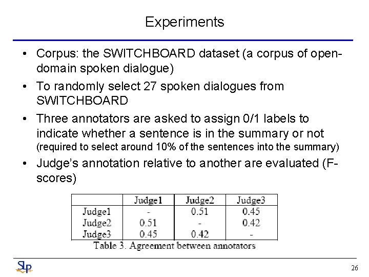 Experiments • Corpus: the SWITCHBOARD dataset (a corpus of opendomain spoken dialogue) • To Experiments • Corpus: the SWITCHBOARD dataset (a corpus of opendomain spoken dialogue) • To