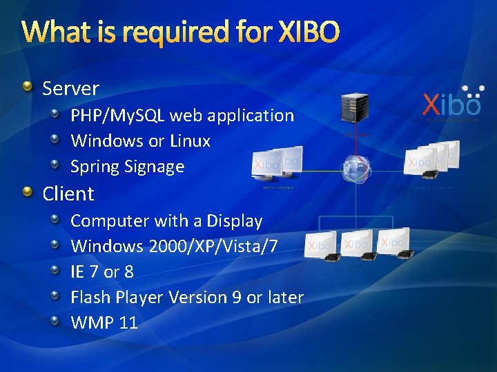 What is required for XIBO Server PHP/My. SQL web application Windows or Linux Spring What is required for XIBO Server PHP/My. SQL web application Windows or Linux Spring