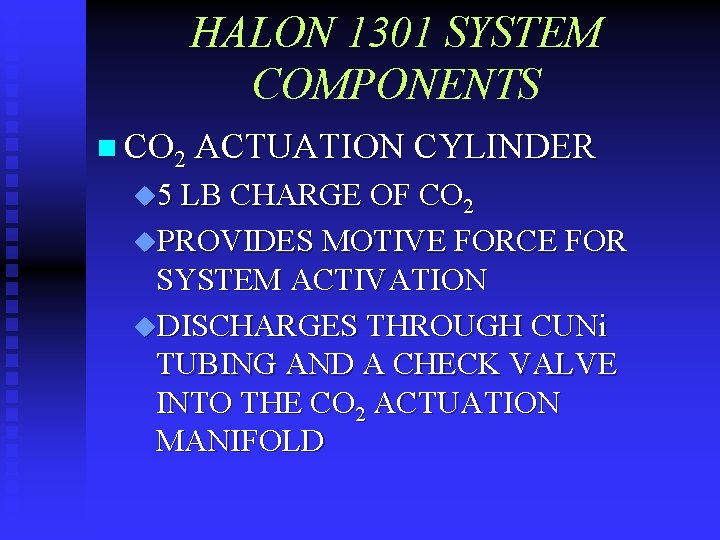 HALON 1301 SYSTEM COMPONENTS n CO 2 ACTUATION CYLINDER u 5 LB CHARGE OF