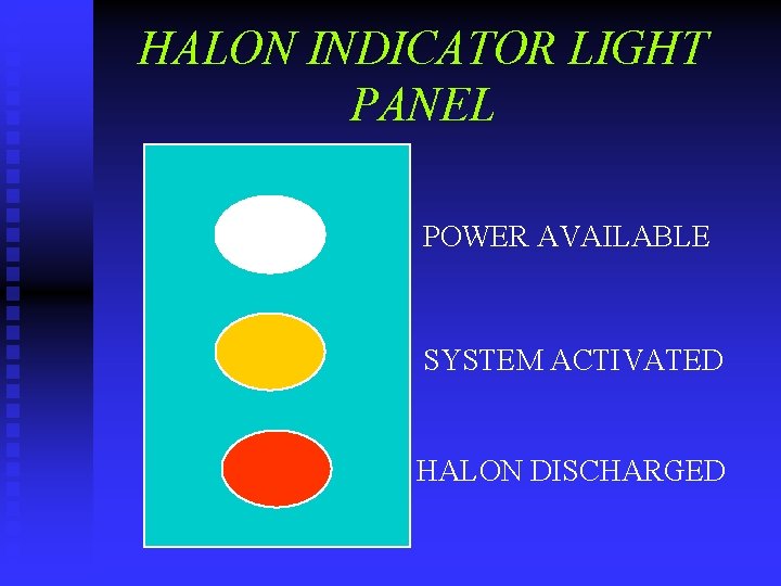 HALON INDICATOR LIGHT PANEL POWER AVAILABLE SYSTEM ACTIVATED HALON DISCHARGED 