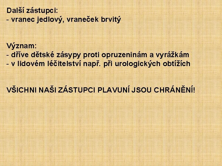 Další zástupci: - vranec jedlový, vraneček brvitý Význam: - dříve dětské zásypy proti opruzeninám
