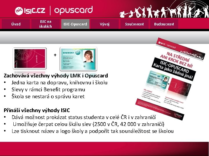 Úvod ISIC na školách ISIC-Opuscard Vývoj Současnost Budoucnost + Zachovává všechny výhody LMK i