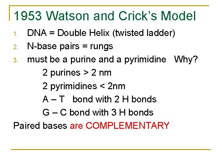 1953 Watson and Crick’s Model DNA = Double Helix (twisted ladder) 2. N-base pairs 1953 Watson and Crick’s Model DNA = Double Helix (twisted ladder) 2. N-base pairs