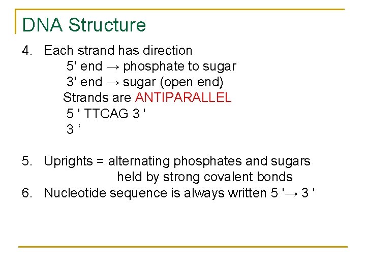 DNA Structure 4. Each strand has direction 5' end → phosphate to sugar 3' DNA Structure 4. Each strand has direction 5' end → phosphate to sugar 3'