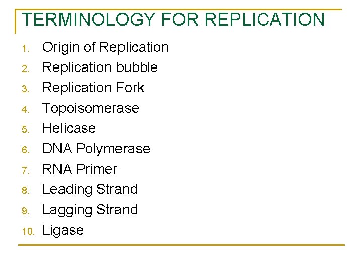 TERMINOLOGY FOR REPLICATION 1. 2. 3. 4. 5. 6. 7. 8. 9. 10. Origin TERMINOLOGY FOR REPLICATION 1. 2. 3. 4. 5. 6. 7. 8. 9. 10. Origin