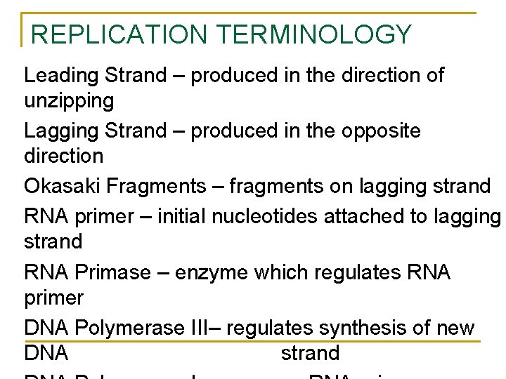 REPLICATION TERMINOLOGY Leading Strand – produced in the direction of unzipping Lagging Strand – REPLICATION TERMINOLOGY Leading Strand – produced in the direction of unzipping Lagging Strand –