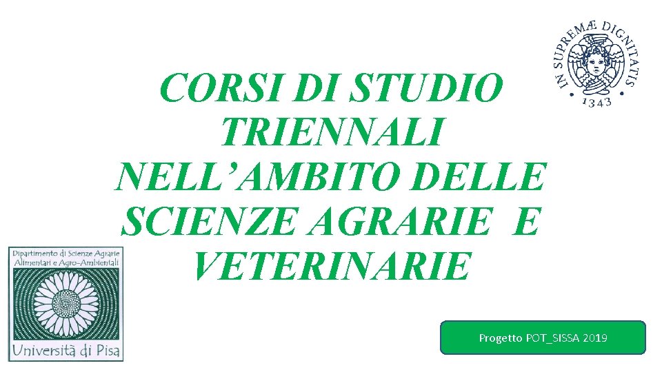 CORSI DI STUDIO TRIENNALI NELL’AMBITO DELLE SCIENZE AGRARIE E VETERINARIE Progetto POT_SISSA 2019 