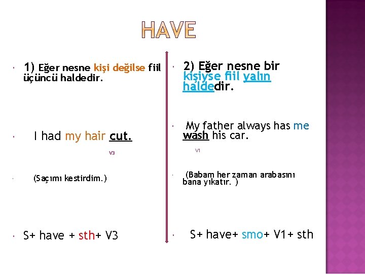  1) Eğer nesne kişi değilse fiil üçüncü haldedir. I had my hair cut.