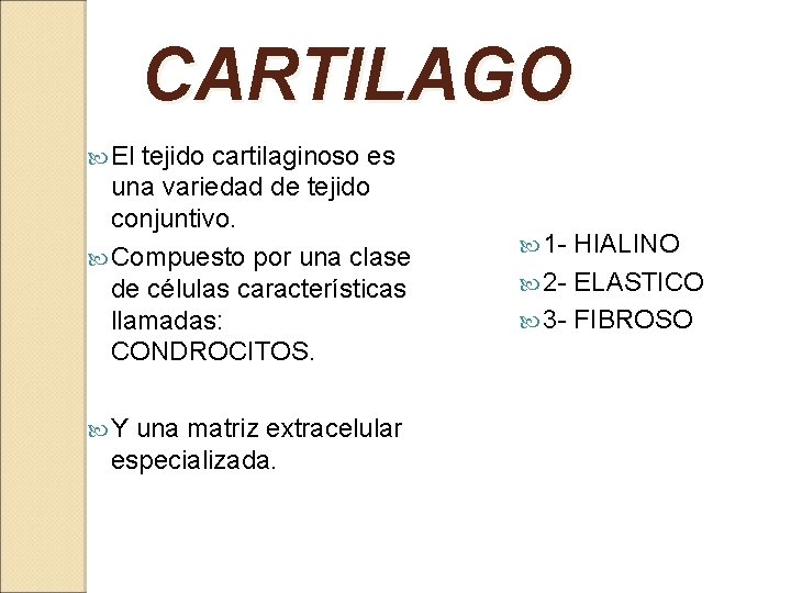 CARTILAGO El tejido cartilaginoso es una variedad de tejido conjuntivo. Compuesto por una clase