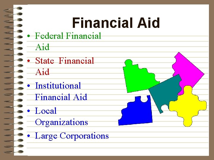 Financial Aid • Federal Financial Aid • State Financial Aid • Institutional Financial Aid