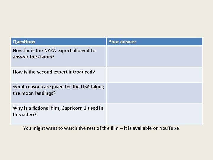 Questions Your answer How far is the NASA expert allowed to answer the claims?