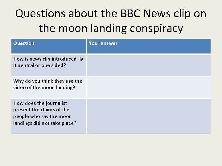Questions about the BBC News clip on the moon landing conspiracy Question How is