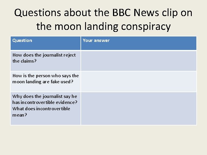 Questions about the BBC News clip on the moon landing conspiracy Question How does