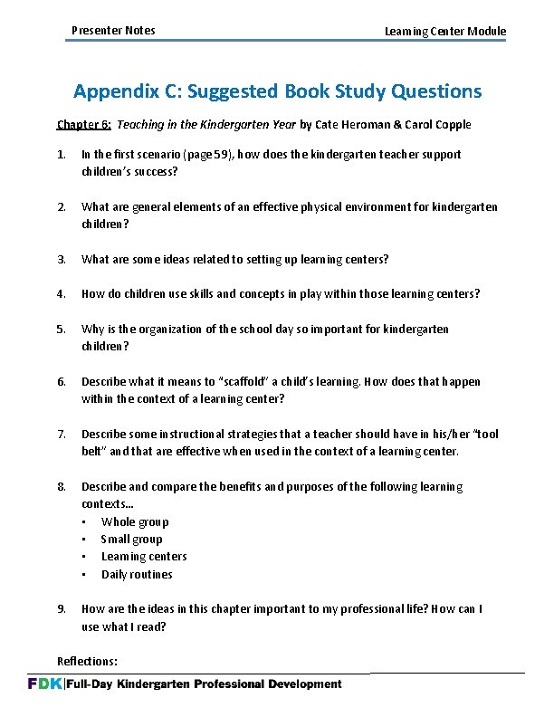 Presenter Notes Learning Center Module Appendix C: Suggested Book Study Questions Chapter 6: Teaching