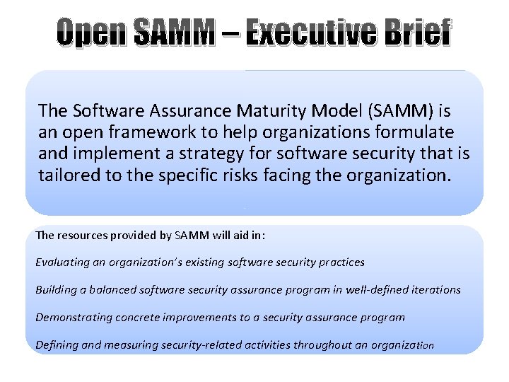 Open SAMM – Executive Brief The Software Assurance Maturity Model (SAMM) is an open