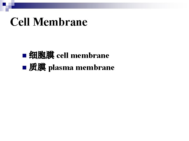 Cell Membrane 细胞膜 cell membrane n 质膜 plasma membrane n 