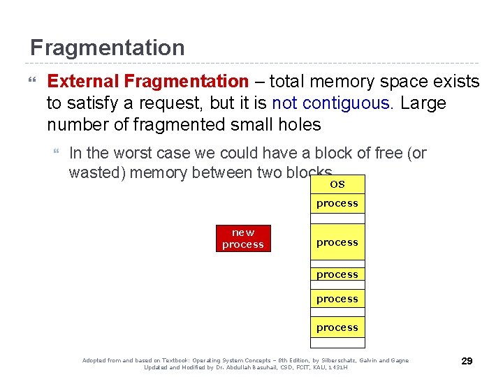 Fragmentation External Fragmentation – total memory space exists to satisfy a request, but it