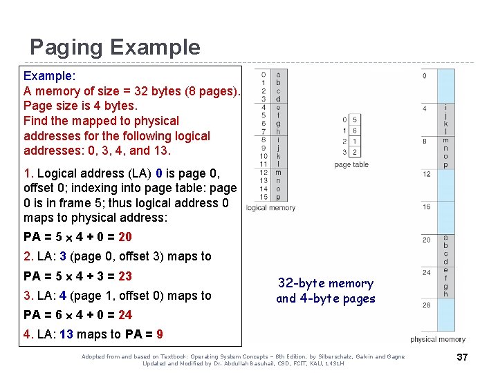 Paging Example: A memory of size = 32 bytes (8 pages). Page size is