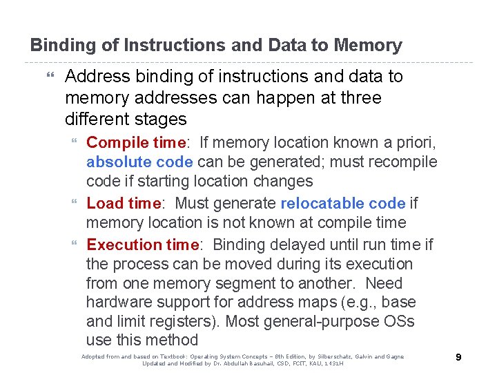 Binding of Instructions and Data to Memory Address binding of instructions and data to