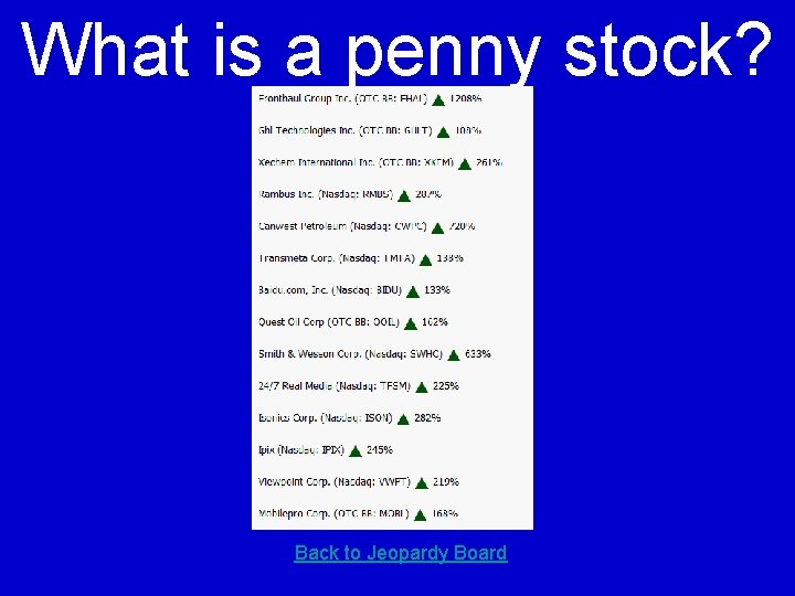 What is a penny stock? Back to Jeopardy Board 