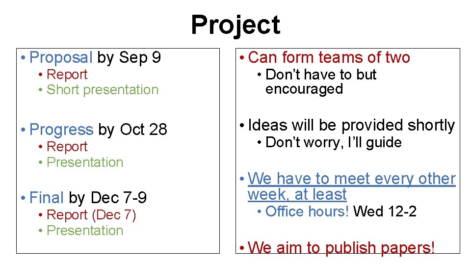 Project • Proposal by Sep 9 • Can form teams of two • Progress