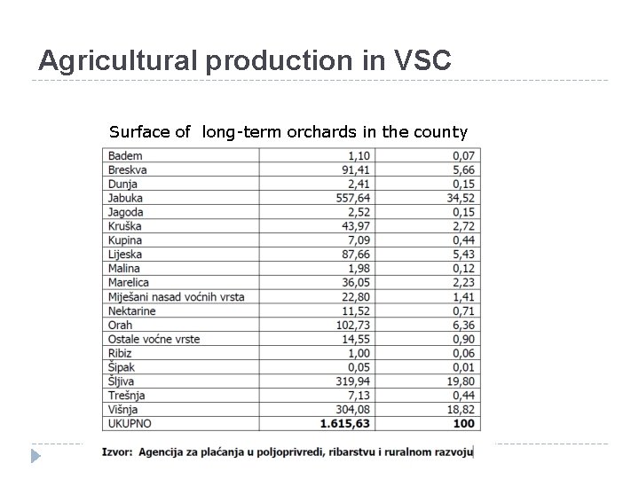 Agricultural production in VSC Surface of long-term orchards in the county 