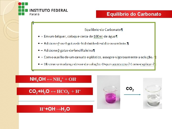 Equilíbrio do Carbonato NH 4 OH ↔ NH 4+ + OHCO 2+H 2 O Equilíbrio do Carbonato NH 4 OH ↔ NH 4+ + OHCO 2+H 2 O