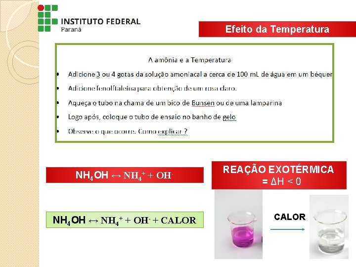 Efeito da Temperatura NH 4 OH ↔ NH 4+ + OH- + CALOR REAÇÃO Efeito da Temperatura NH 4 OH ↔ NH 4+ + OH- + CALOR REAÇÃO
