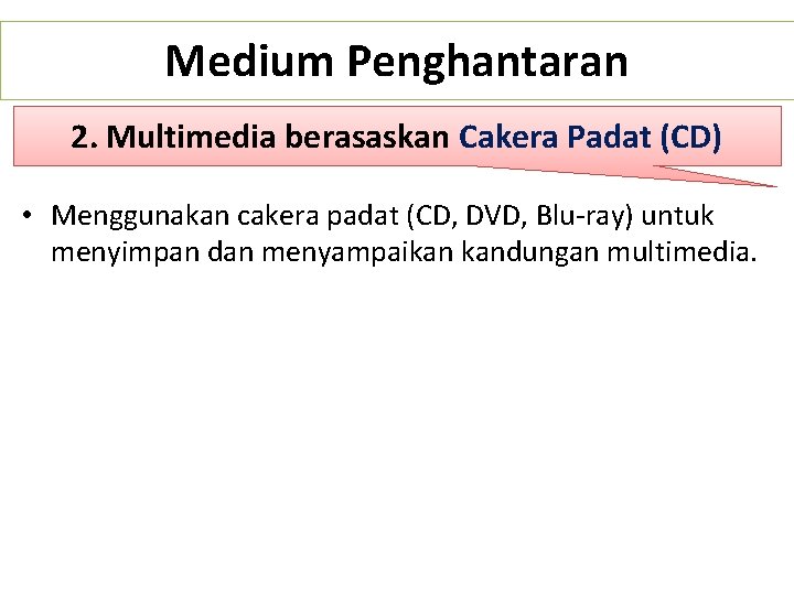 Medium Penghantaran 2. Multimedia berasaskan Cakera Padat (CD) • Menggunakan cakera padat (CD, DVD,