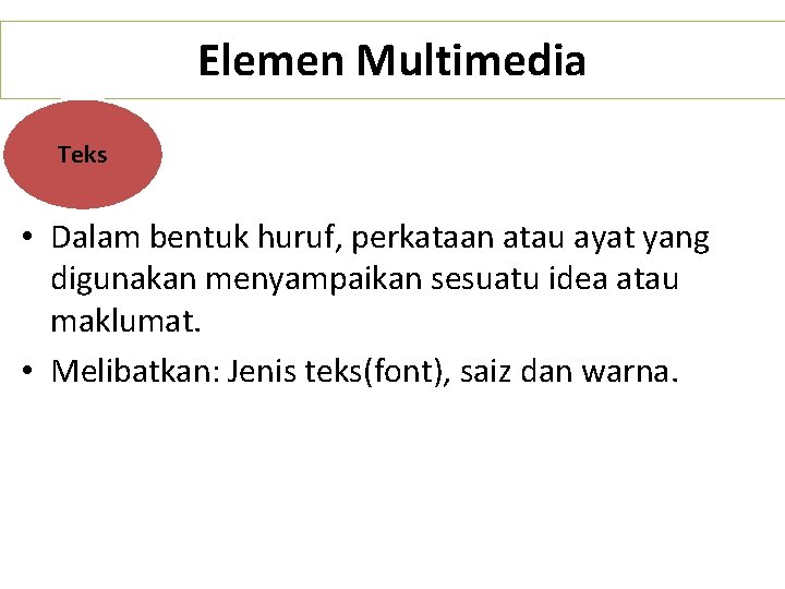 Elemen Multimedia Teks • Dalam bentuk huruf, perkataan atau ayat yang digunakan menyampaikan sesuatu