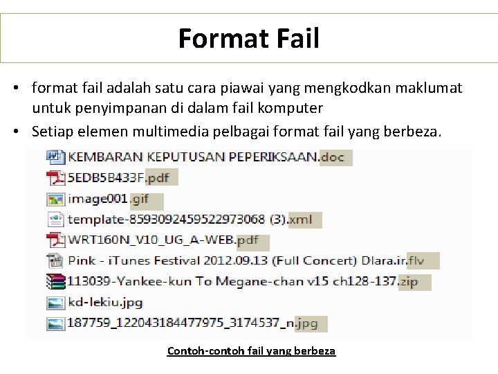 Format Fail • format fail adalah satu cara piawai yang mengkodkan maklumat untuk penyimpanan