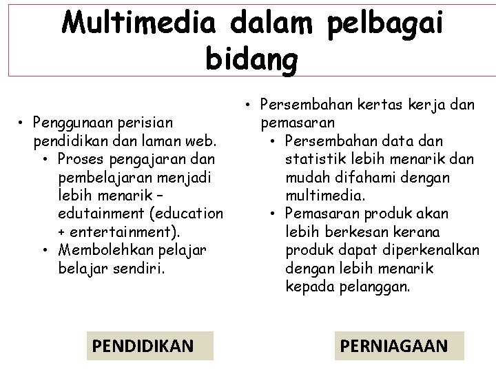 Multimedia dalam pelbagai bidang • Penggunaan perisian pendidikan dan laman web. • Proses pengajaran