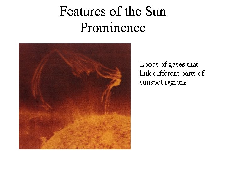 Features of the Sun Prominence Loops of gases that link different parts of sunspot