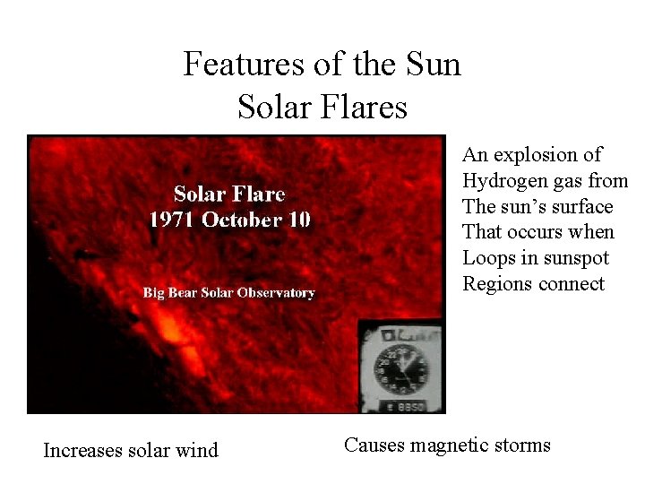 Features of the Sun Solar Flares An explosion of Hydrogen gas from The sun’s Features of the Sun Solar Flares An explosion of Hydrogen gas from The sun’s