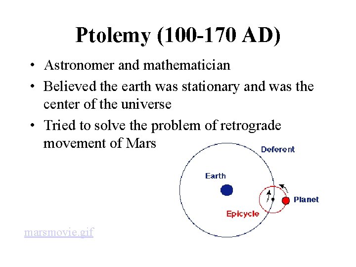 Ptolemy (100 -170 AD) • Astronomer and mathematician • Believed the earth was stationary Ptolemy (100 -170 AD) • Astronomer and mathematician • Believed the earth was stationary