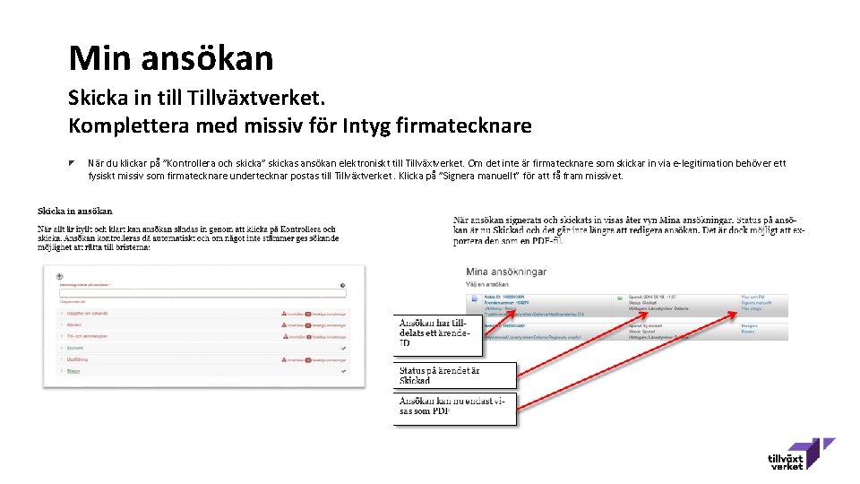 Min ansökan Skicka in till Tillväxtverket. Komplettera med missiv för Intyg firmatecknare När du