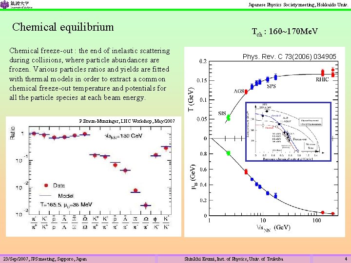 Japanese Physics Society meeting, Hokkaido Univ. Chemical equilibrium Chemical freeze-out : the end of