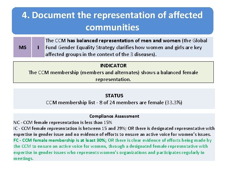 4. Document the representation of affected communities MS I The CCM has balanced representation