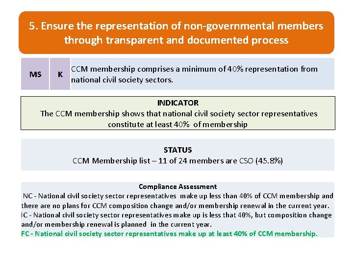 5. Ensure the representation of non-governmental members through transparent and documented process MS K 5. Ensure the representation of non-governmental members through transparent and documented process MS K