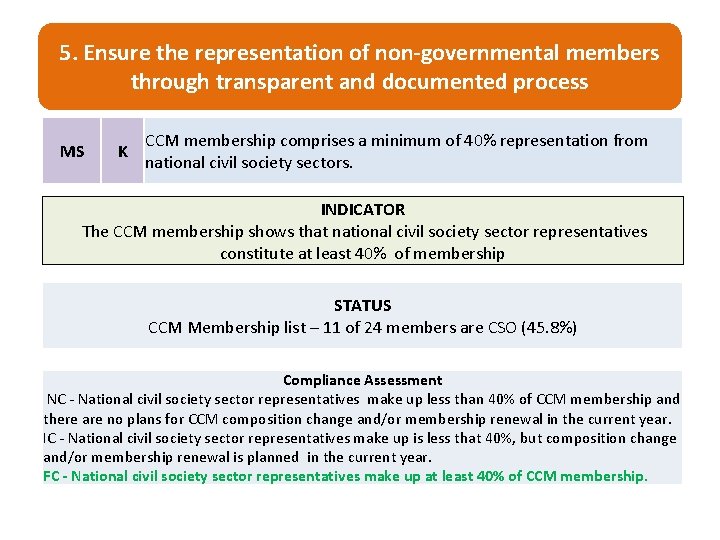 5. Ensure the representation of non-governmental members through transparent and documented process MS K