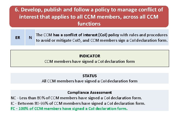6. Develop, publish and follow a policy to manage conflict of interest that applies 6. Develop, publish and follow a policy to manage conflict of interest that applies