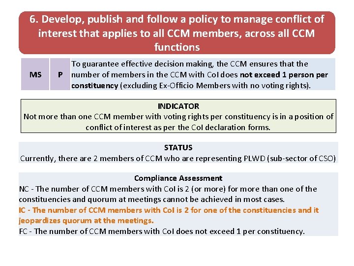 6. Develop, publish and follow a policy to manage conflict of interest that applies