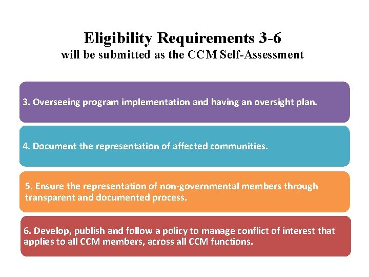 Eligibility Requirements 3 -6 will be submitted as the CCM Self-Assessment 3. Overseeing program