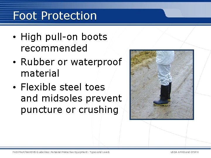 Foot Protection • High pull-on boots recommended • Rubber or waterproof material • Flexible