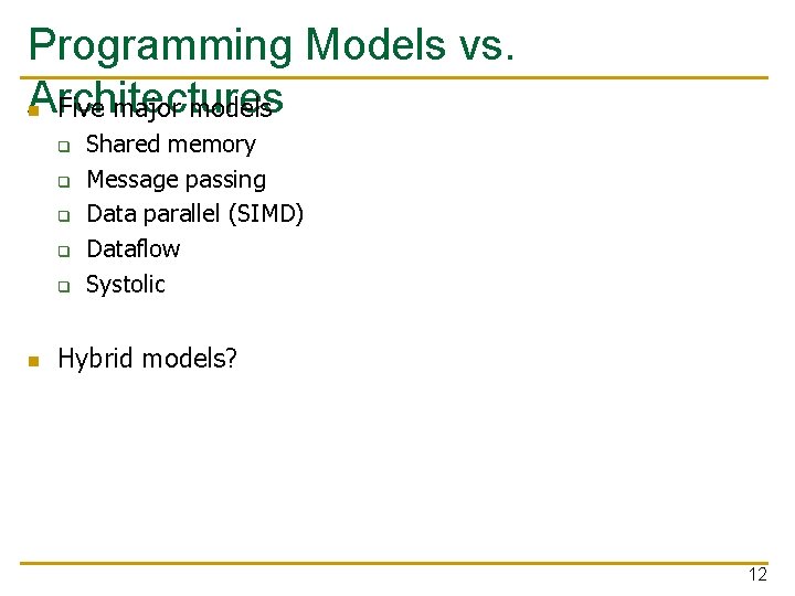 Programming Models vs. Architectures n Five major models q q q n Shared memory